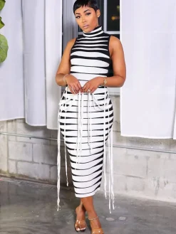 Ribbed High Neck Sleeveless Tassel Midi Dress