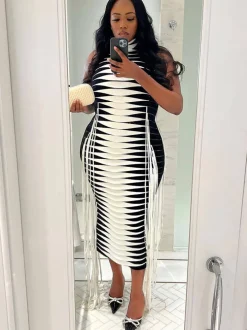 Ribbed High Neck Sleeveless Tassel Midi Dress