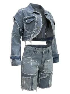Ripped Patch Denim Jacket Shorts Set