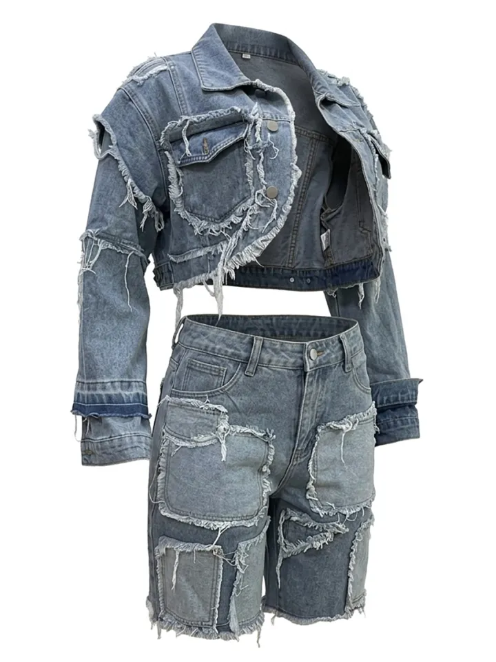 Ripped Patch Denim Jacket Shorts Set