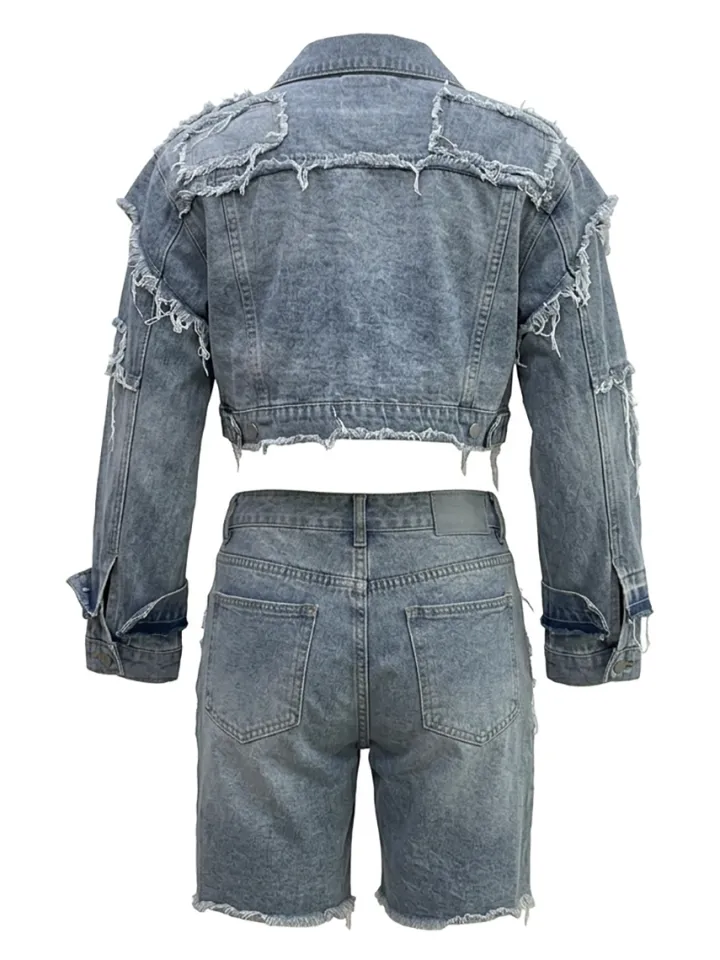 Ripped Patch Denim Jacket Shorts Set