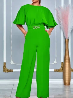 Round Neck Solid Color Wide-Leg Jumpsuit