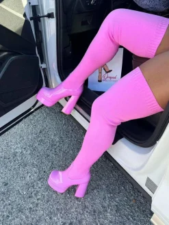 Round Toe High Heel Stretch Knit Boots