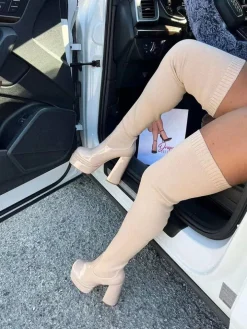 Round Toe High Heel Stretch Knit Boots