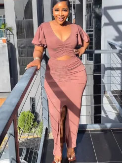 Ruffle Sleeve Crop Top Slit Maxi Skirt Set