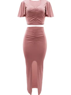 Ruffle Sleeve Crop Top Slit Maxi Skirt Set