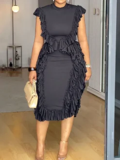 Ruffle Solid Color Midi Dress