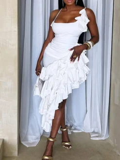 Ruffled Asymmetrical Ruched Cami Dress