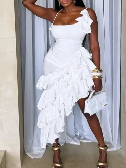 Ruffled Asymmetrical Ruched Cami Dress