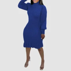 Ruffled Knitted Turtleneck Dress