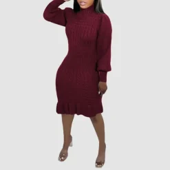 Ruffled Knitted Turtleneck Dress