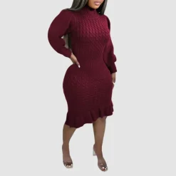 Ruffled Knitted Turtleneck Dress