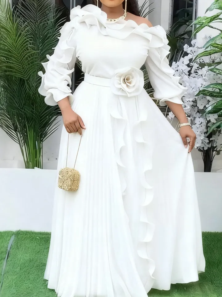 Ruffled Off-Shoulder Pleated Maxi Dress