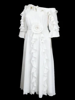 Ruffled Off-Shoulder Pleated Maxi Dress