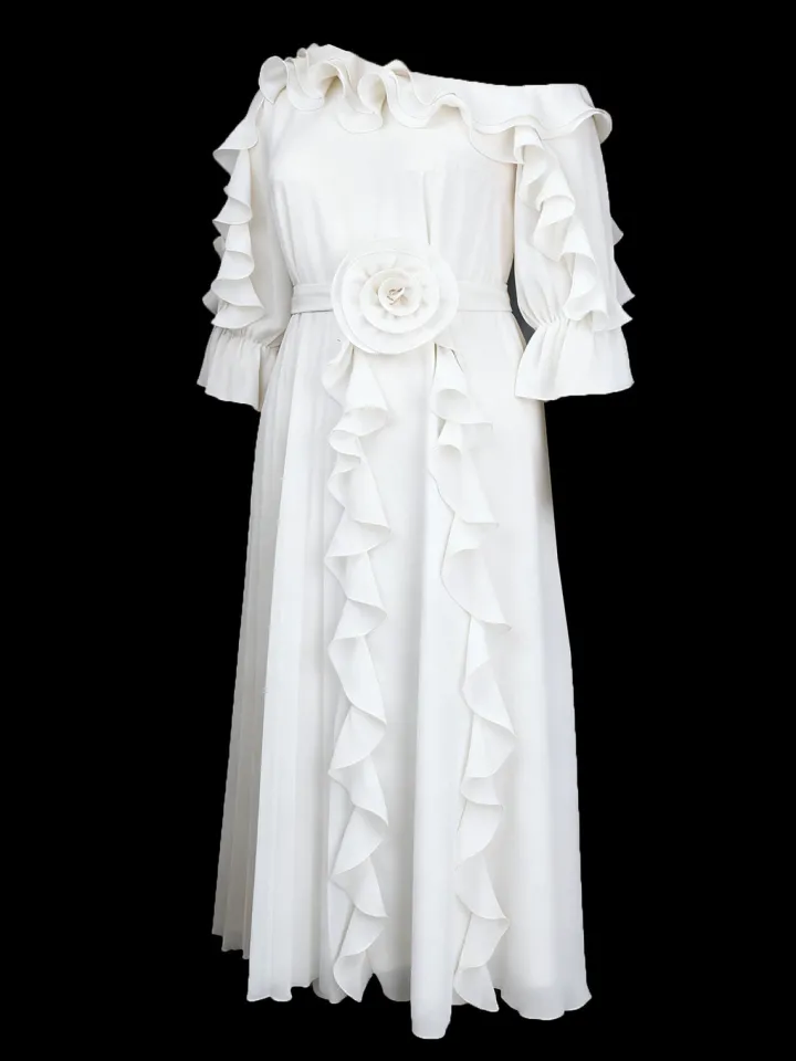 Ruffled Off-Shoulder Pleated Maxi Dress