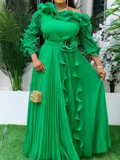 Ruffled Off-Shoulder Pleated Maxi Dress