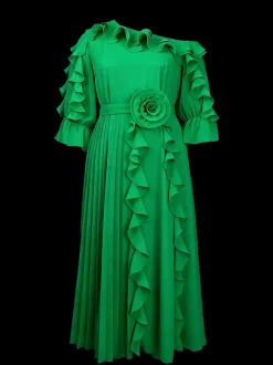 Ruffled Off-Shoulder Pleated Maxi Dress