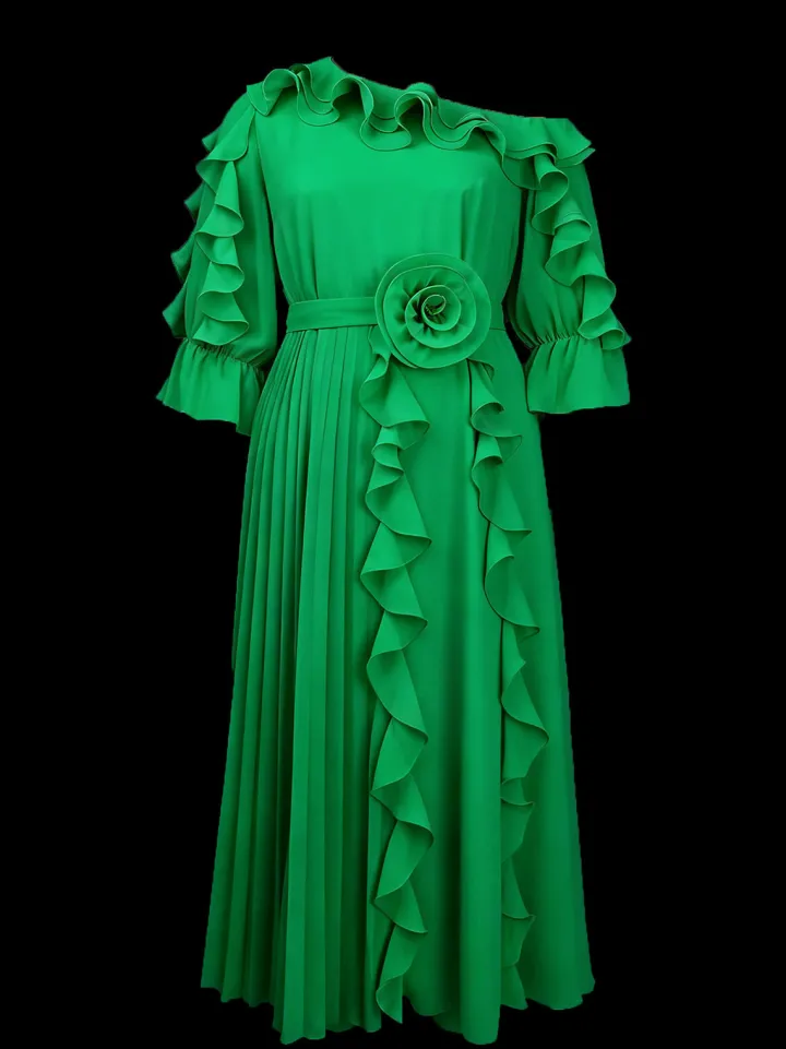 Ruffled Off-Shoulder Pleated Maxi Dress