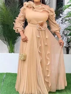 Ruffled Off-Shoulder Pleated Maxi Dress
