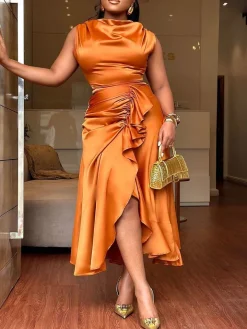 Satin Ruffle Ruched Asymmetrical Dress