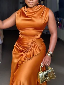 Satin Ruffle Ruched Asymmetrical Dress