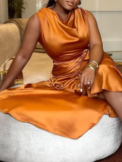 Satin Ruffle Ruched Asymmetrical Dress