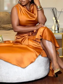 Satin Ruffle Ruched Asymmetrical Dress