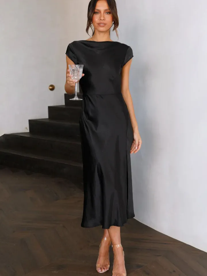 Satin Sleeveless Blackless Midi Dress