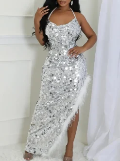 Sequin Halter Backless Feather Trim Dress