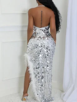 Sequin Halter Backless Feather Trim Dress
