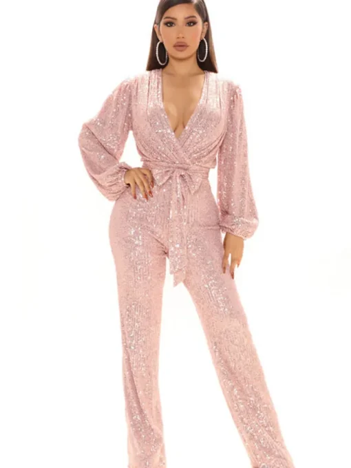 Sequin Long Sleeve V Neck Sparkly Jumpsuit