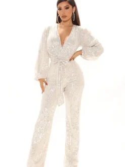 Sequin Long Sleeve V Neck Sparkly Jumpsuit