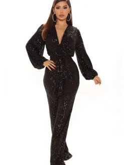 Sequin Long Sleeve V Neck Sparkly Jumpsuit
