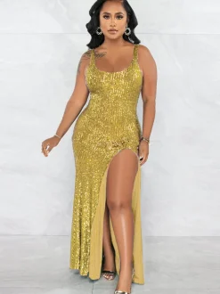 Sequin Sleevelesss Split Bodycon Maxi Dress
