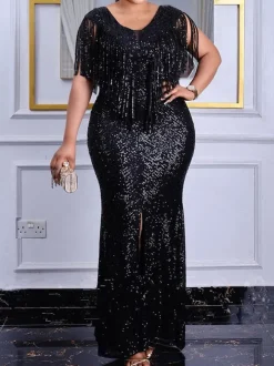 Sequin Tassel Sleeveless Split Bodycon Maxi Dress