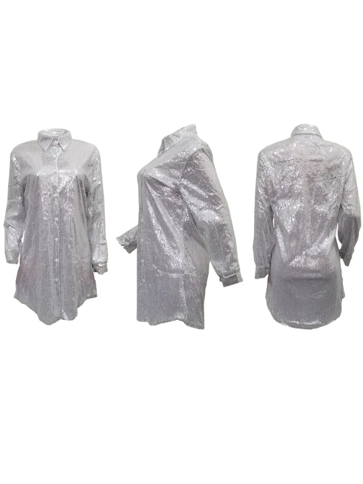 Sequins Long Sleeve Shirts Mini Dress