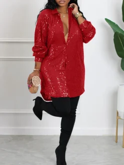 Sequins Long Sleeve Shirts Mini Dress