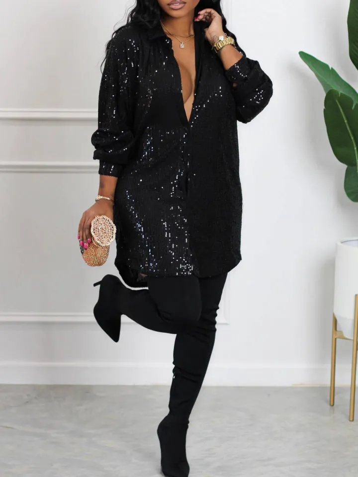 Sequins Long Sleeve Shirts Mini Dress