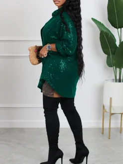Sequins Long Sleeve Shirts Mini Dress