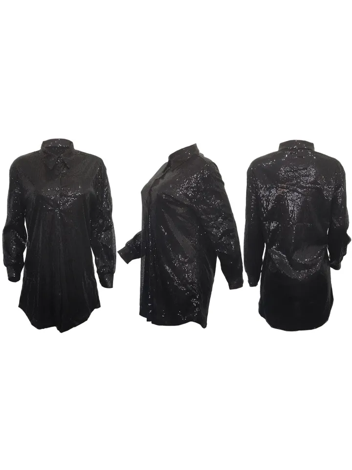 Sequins Long Sleeve Shirts Mini Dress