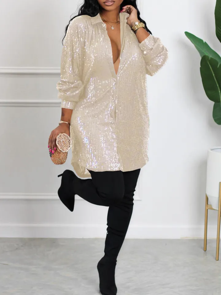Sequins Long Sleeve Shirts Mini Dress