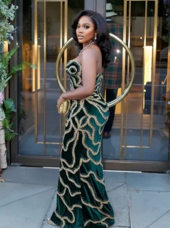 Sequins Strapless Velvet Maxi Dress