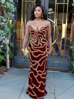 Sequins Strapless Velvet Maxi Dress