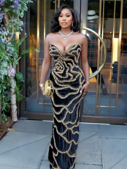 Sequins Strapless Velvet Maxi Dress