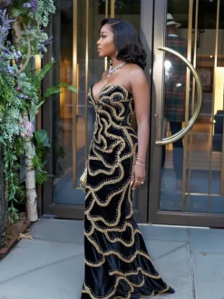 Sequins Strapless Velvet Maxi Dress