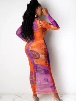 Sheer Mesh See Through Dollar Print Maxi Dress