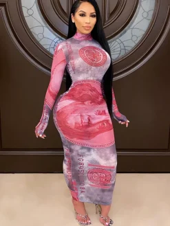 Sheer Mesh See Through Dollar Print Maxi Dress