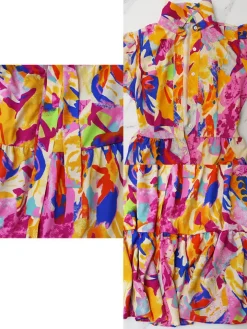 Short Lantern Sleeve Floral Print Midi Dress