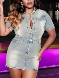 Short Sleeve Button Down Denim Mini Dress