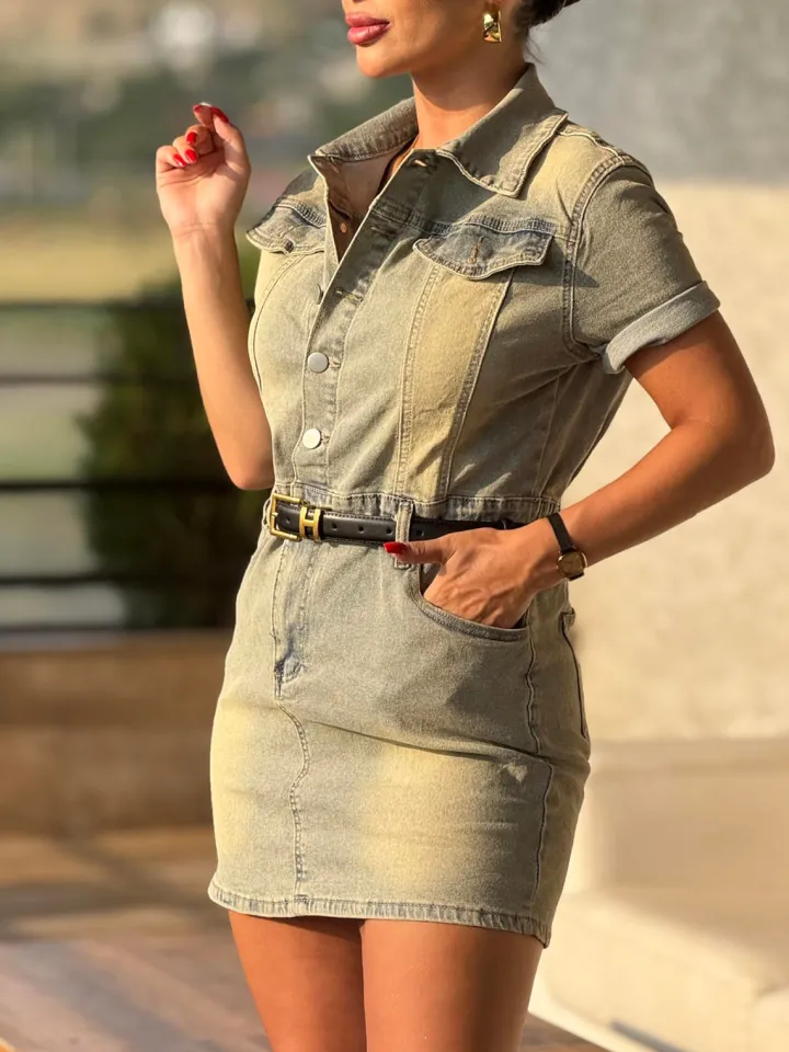 Short Sleeve Button Down Denim Mini Dress
